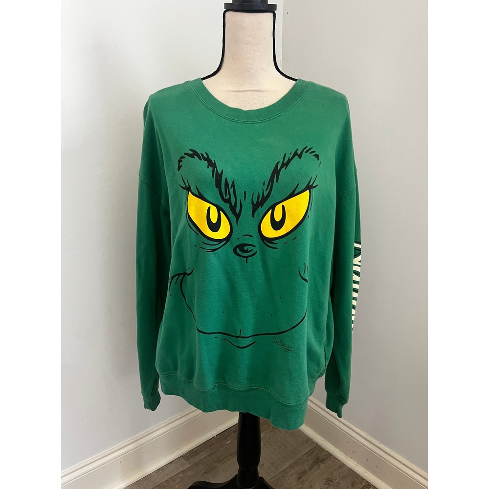 The Grinch Face Crewneck Sweatshirt XL Graphic Green Festive Christmas Cartoon